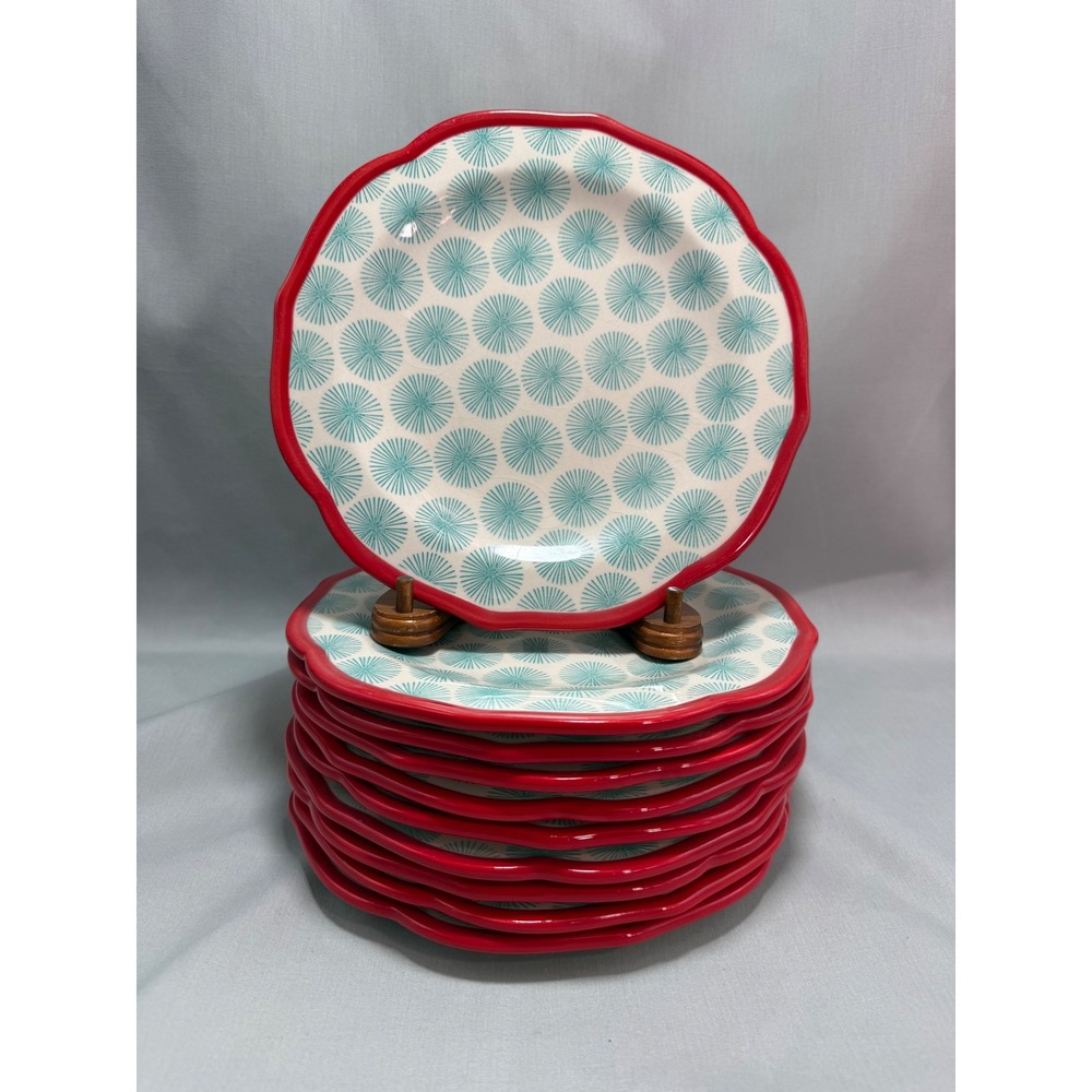 The Pioneer Woman Happiness 10 Pc Salad Plates Red Scalloped Teal Sunburst 8.5"